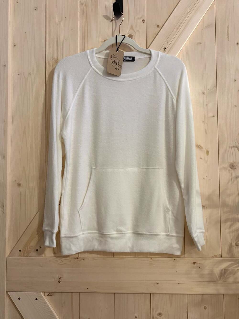 Supernova White Long-Sleeve Raglan Sweatshirt with Front Pocket
